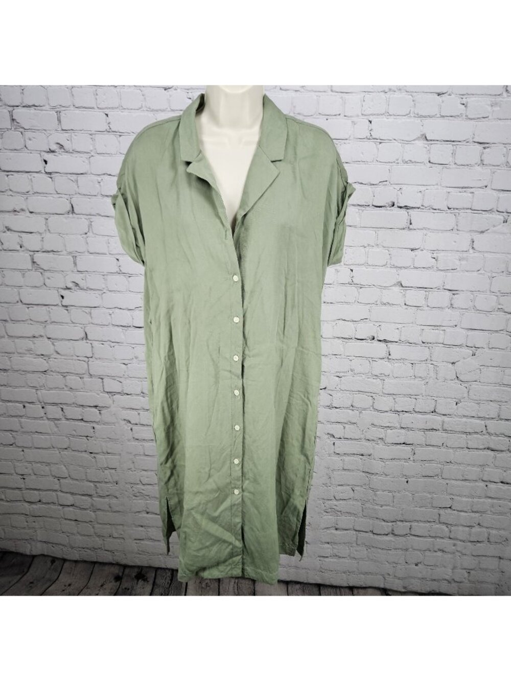 Frank And Oak Green Short Sleeve Oversized Collared Midi Shirt Dress Small S